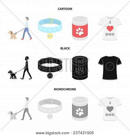 A Man Walks With A Dog, A Collar With A Medal, Food, A T-shirt I Love Dog.dog Set Collection Icons I
