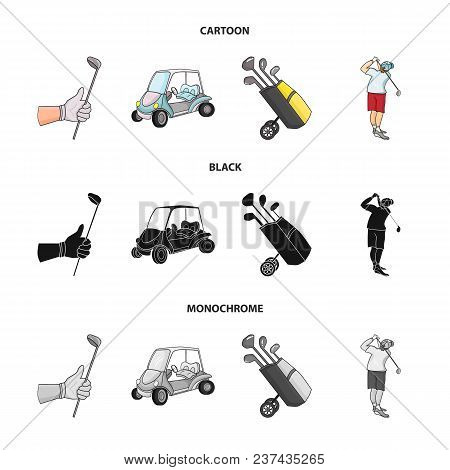 A Gloved Hand With A Stick, A Golf Cart, A Trolley Bag With Sticks In A Bag, A Man Hammering With A 
