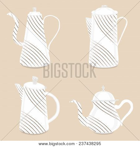 Abstract Vector Illustration Logo For Ceramic Teapot, Kettle On Background. Teapot Pattern Consistin
