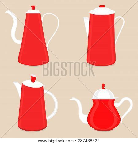Abstract Vector Illustration Logo For Ceramic Teapot, Kettle On Background. Teapot Pattern Consistin