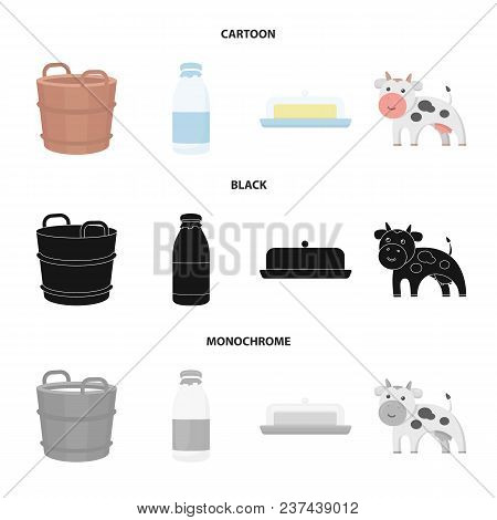 A Barrel Of Milk, Butter, A Cow. Milk Set Collection Icons In Cartoon, Black, Monochrome Style Vecto