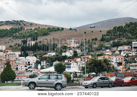 Amfilochia, Greece - September 20, 2017: Typical Terrace Architecture In Amfilochia Town, Built By T