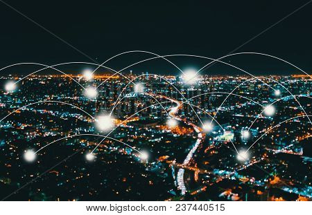Network And Connection Technology Conceptwith Downtown Los Angeles At Night