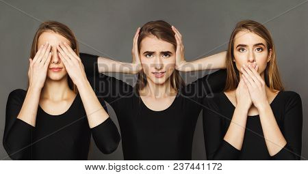 Set Of Feamle Portraits Gesturing See, Hear And Speak No Evil. Collage Of Young Woman Emotions At Gr