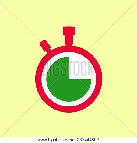 Stopwatch Icon With Red Case, White Dial And Green Remaining Time, Clock Vector Isolated On Yellow B