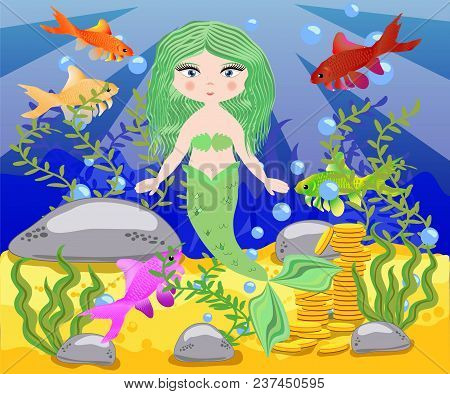Vector Background With An Underwater World In A Children's Style. A Mermaid Is Sitting On A Rock. Wo
