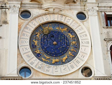 Clock Of San Marco Square Tower With Zodiac Signs In Venice