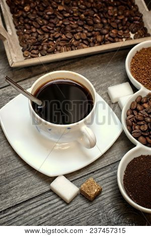 Drinks, Drinking, Energy And Caffeine Concept-coffee Cups, Coffee Beans, Ground Coffee And Instant O