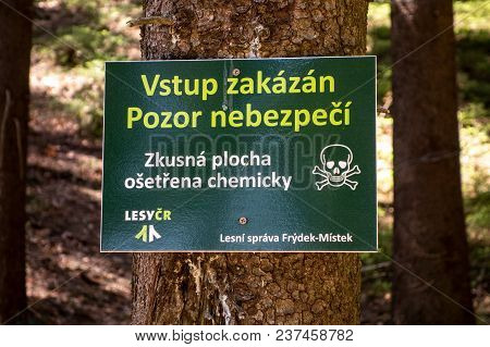 Krasna, Czech Republic - April 21, 2018: Warning In Forests In Beskydy Mountains Prohibiting Entry B
