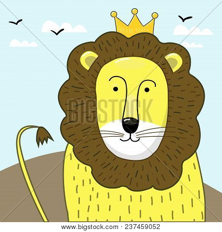 Cartoon Happy Lion Isolated On White Background