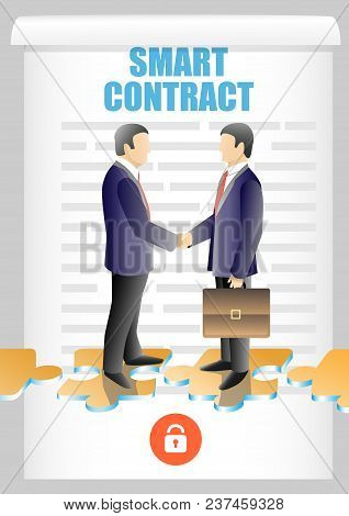 Smart Contract Lettering, Two Businessmen Shaking Hands. Vector Illustration. Blockchain Safety Auto