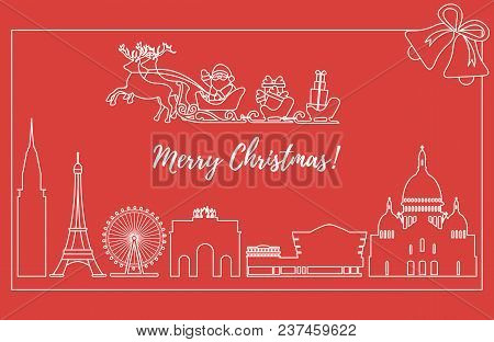 Santa Claus With Christmas Presents In Sleigh With Reindeers Over Famous Buildings And Constructions