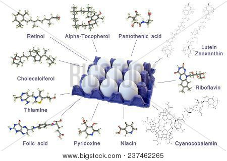 Vitamin Composition Of Chicken Egg, Photo And 3d Illustration. Healthy Food Concept