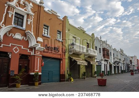 Trujillo, Peru -  January 11, 2014: Colorful Colonial Houses In Trujillo Downtown, Peru