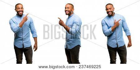 African american man with beard pointing away side with finger