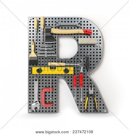 Letter R. Alphabet from the tools on the metal pegboard isolated on white.  3d illustration