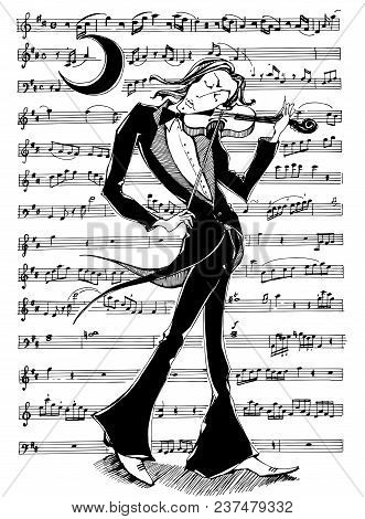 The Violinist Plays The Violin. Romantic Illustration. Notes. The Moon Was Shining. Vector.