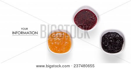 Three Bowls With Raspberry, Orange, Blueberry Black Currant Jam Pattern Isolated On White Background