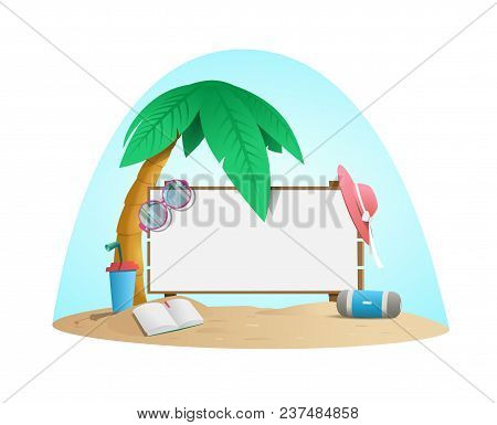 A Billboard On A Sandy Island Under A Palm Tree. Sunglasses, Scarf And An Open Book. Column Portable