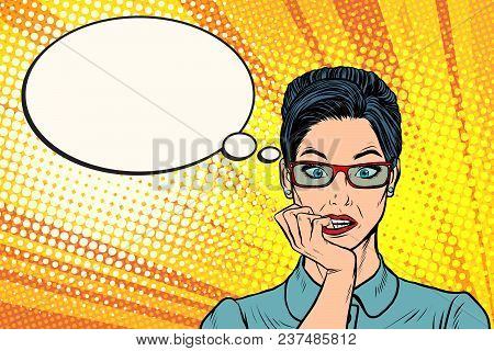 Woman Bites Her Nails. Nerves Stress And Panic. Pop Art Retro Vector Illustration Cartoon Comics Kit