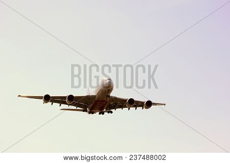 Amsterdam The Netherlands - April, 21st 2018: A6-eee Emirates Airbus A380-800 On  Final Approach To 