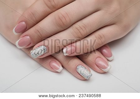 Beautiful Female Hands With Pink Nail Polish On A White Background, Spa Treatments
