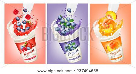 Set Of Yogurt With Strawberry, Blueberry, Raspberry, Peach  In A Milk And Jiuce Splash. Design Templ