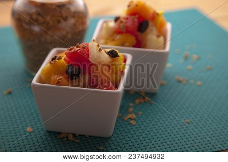 Fruit Salad Mix Of Melon, Banana, Watermelon, Orange And Pineapple In A Small Porcelain Bowl, Breakf