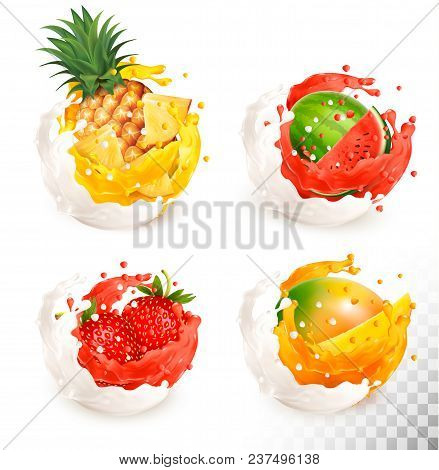 Collection Of Fruit In A Milk And Jiuce Splash. Mango, Pineapple, Strawberry, Watermelon. Vector Set