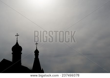 Profile Of The Two Domes Of The Church With Christian Crosses Against The Background Of Sky Skies