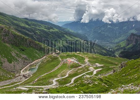View from Rohtang pass at beautiful green Kullu valley in Himachal Pradesh state, India