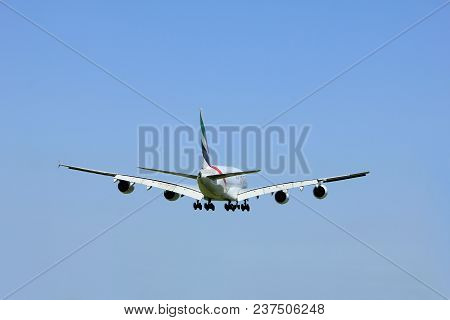Amsterdam The Netherlands - April, 21st 2018: A6-eee Emirates Airbus A380-800 On  Final Approach To 