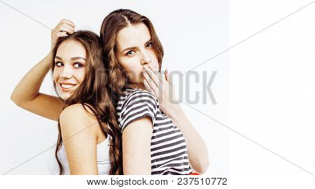 Two Best Friends Teenage Girls Together Having Fun, Posing Emotional On White Background, Besties Ha