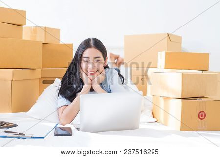 Young Asian Woman Working At Home, Young Owner Woman Start Up For Business Online. People With Onlin