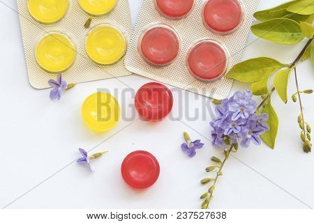 Cough Sore Throat Pastille Pills From Herbal On Background White