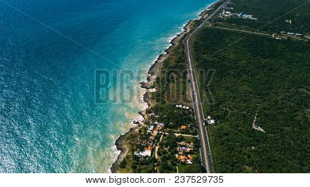 Road And Blue Ocen. Coast Line. Long View