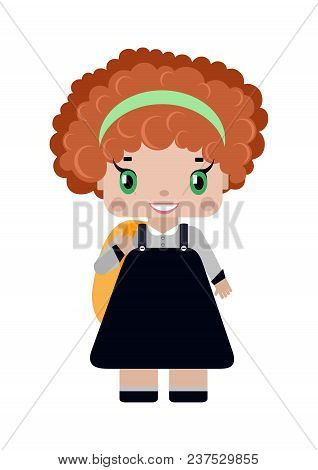 Little Girl, With Red Curly Hair In School Uniform, With School Backpack Smiling (first Grader).in C