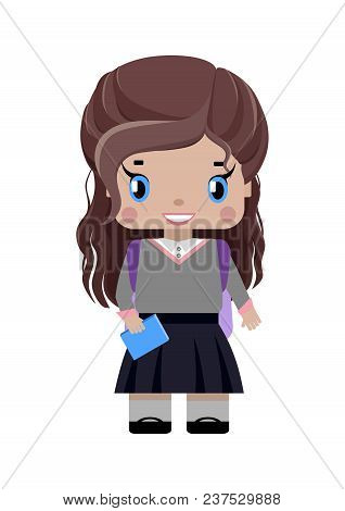 Little Girl, With Long Brown Hair In School Uniform, With School Backpack, Diary Smiling (first Grad