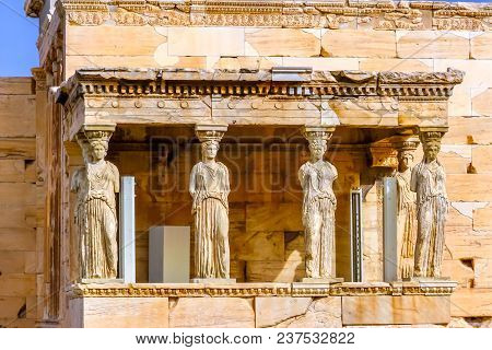 Porch Caryatids Ruins Temple Of Erechtheion Acropolis Athens Greece.  Greek Maidens Columns Temple O