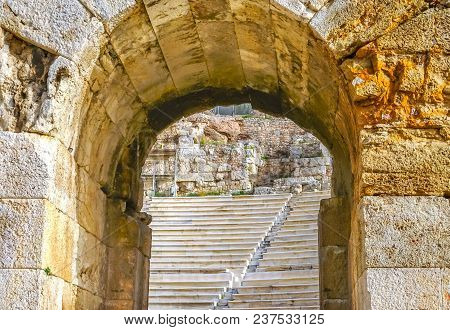 Odeon Of Herodes Attiacus Acropolis Athens Greece. Stone Theater Base Of Acropolis.  Built 161 Ad.  