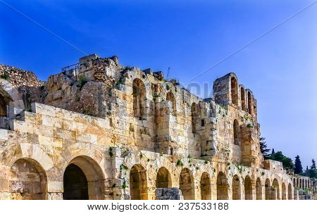 Odeon Of Herodes Attiacus Acropolis Athens Greece. Stone Theater Base Of Acropolis.  Built 161 Ad.  