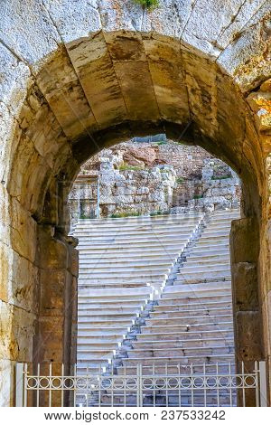 Odeon Of Herodes Attiacus Acropolis Athens Greece. Stone Theater Base Of Acropolis.  Built 161 Ad.  