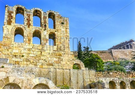 Odeon Of Herodes Attiacus Parthenon Acropolis Athens Greece. Stone Theater Base Of Acropolis.  Built