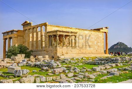 Porch Caryatids Ruins Temple Of Erechtheion Acropolis Athens Greece.  Greek Maidens Columns Temple O