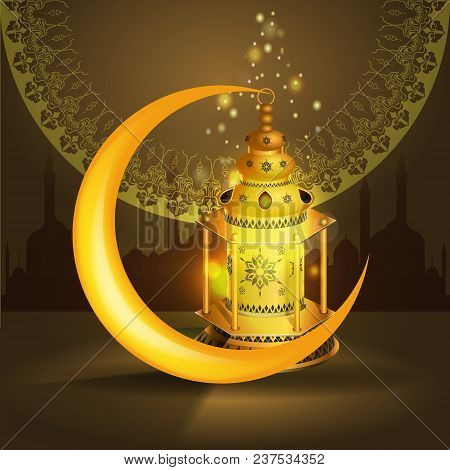 Ramadan Kareem Vector Greetings Design With Lantern Or Fanoos Mock Up With Golden Background. Vector