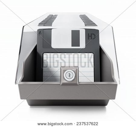 Vintage 3.5 Inch Disquettes Aranged Inside Disquette Box. 3d Illustration.