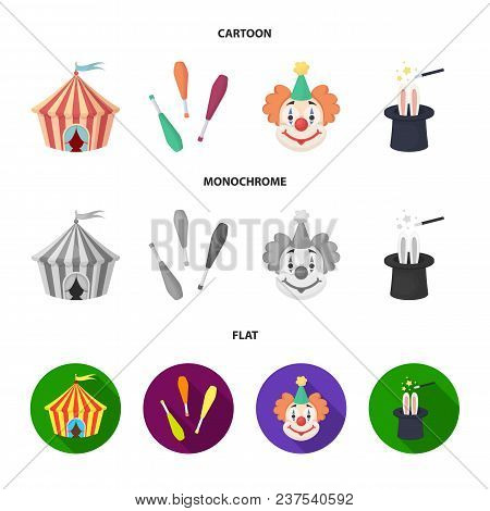 Circus Tent, Juggler Maces, Clown, Magician Hat.circus Set Collection Icons In Cartoon, Flat, Monoch
