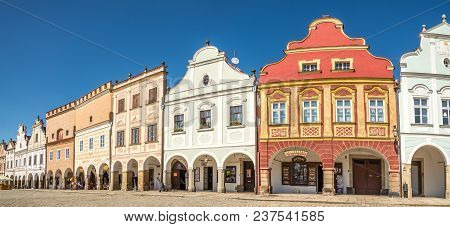 Telc, Czech Republic - April 18,2018 - Panoramic View At The Painted Houses In Telc. The Town Was Fo