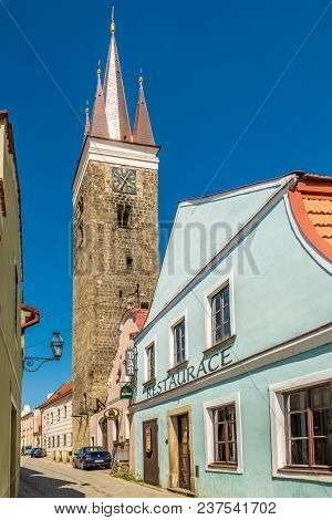 Telc, Czech Republic - April 18,2018 - View At The Church Of Holy Ghost In Telc. The Town Was Founde