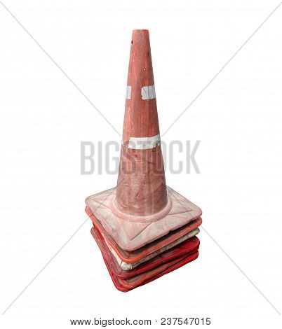 old plastic road cone stacked isolated on white background, closeup heap of traffic cone for placed on roads to temporarily redirect traffic or placed in construction site to warning danger zone